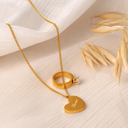 Love Engraved Gold Heart Double Pendant Rhinestone Stackable Couple Necklace