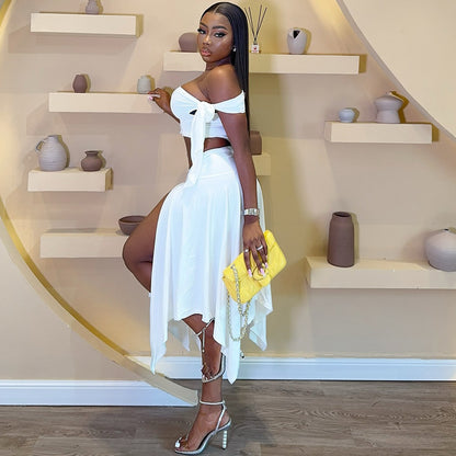 Womens Dress Set Sleeveless One-Shoulder Top With Flutter Sleeves And A Slit Skirt