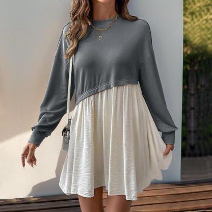 Personal Leisure Date Round Neck Long Sleeve Color Matching Loose Dress