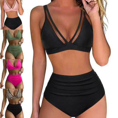 European And American Style High-Waisted Mesh Patchwork Sexy Backless Ruched V-Neck Swimsuit For Women