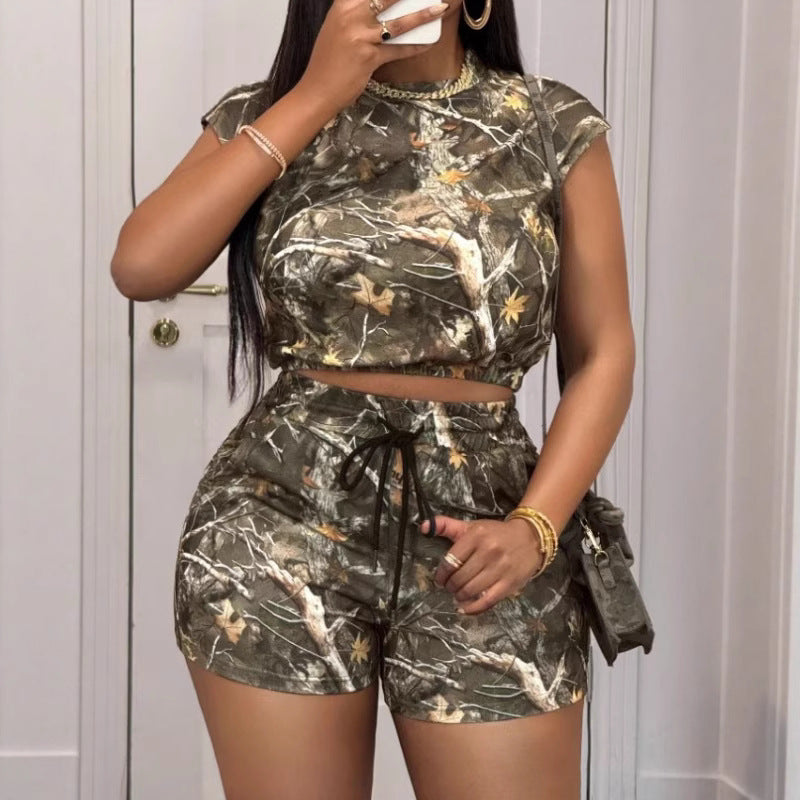 Women's Loose Casual Drawstring Branch Camouflage Printing Shorts