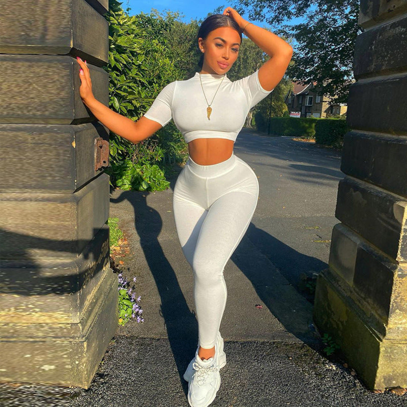 Fashion Casual Short Sleeve Midriff-baring Top Sports Suit