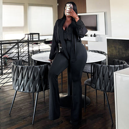 Mesh Ribbon Top With Long Sleeves And Flared Pants A Sassy Two-piece Set