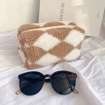 Niche Design Plaid Plush Pencil Case Large-Capacity Storage Bag