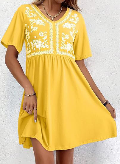 Casual Loose V-Neck Printed Defined-Waist Short-Sleeve Womens Dress
