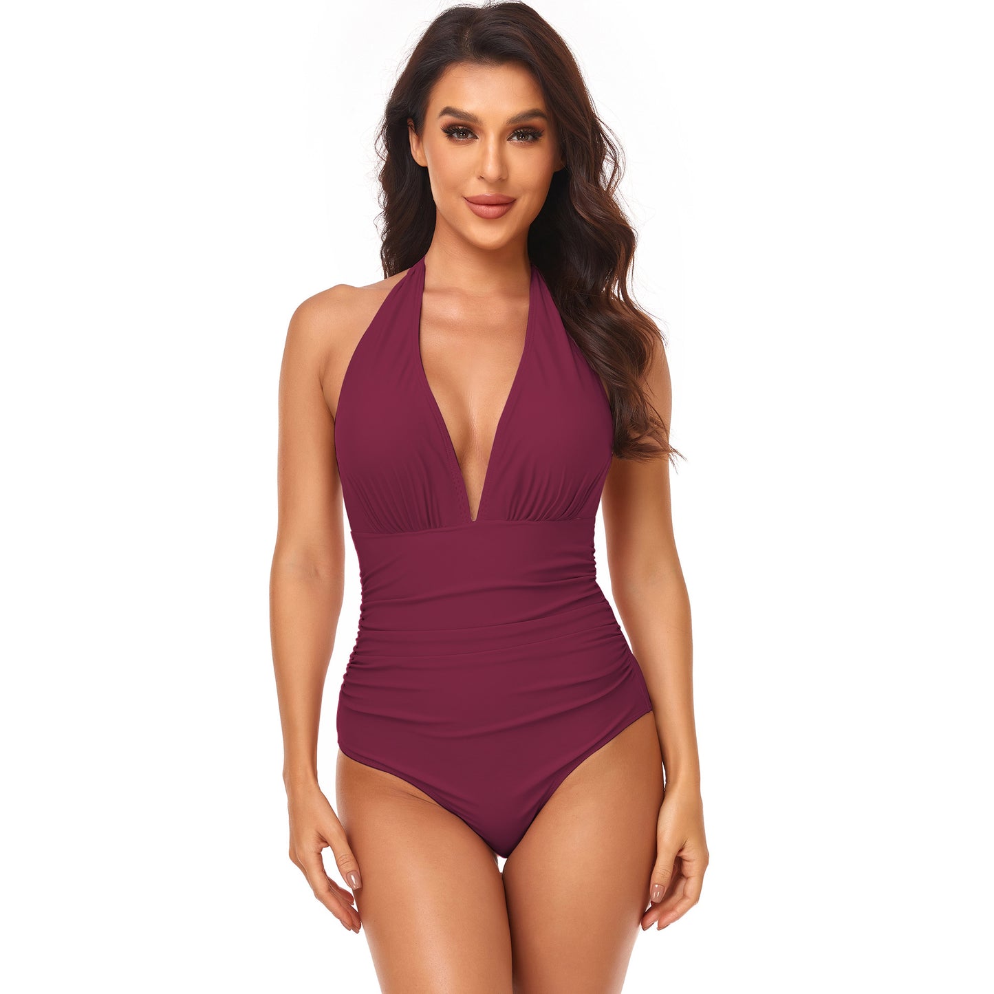 Women's Fashion Pump Pleated Neck Solid Color One-piece Swimsuit