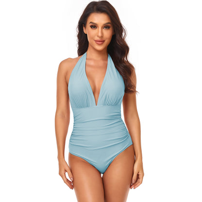 Women's Fashion Pump Pleated Neck Solid Color One-piece Swimsuit
