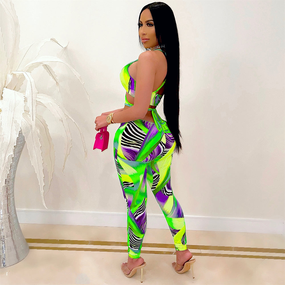 Fashion Sexy Nightclub Print Cross-Tie Jumpsuit