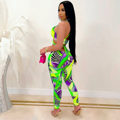 Fashion Sexy Nightclub Print Cross-Tie Jumpsuit