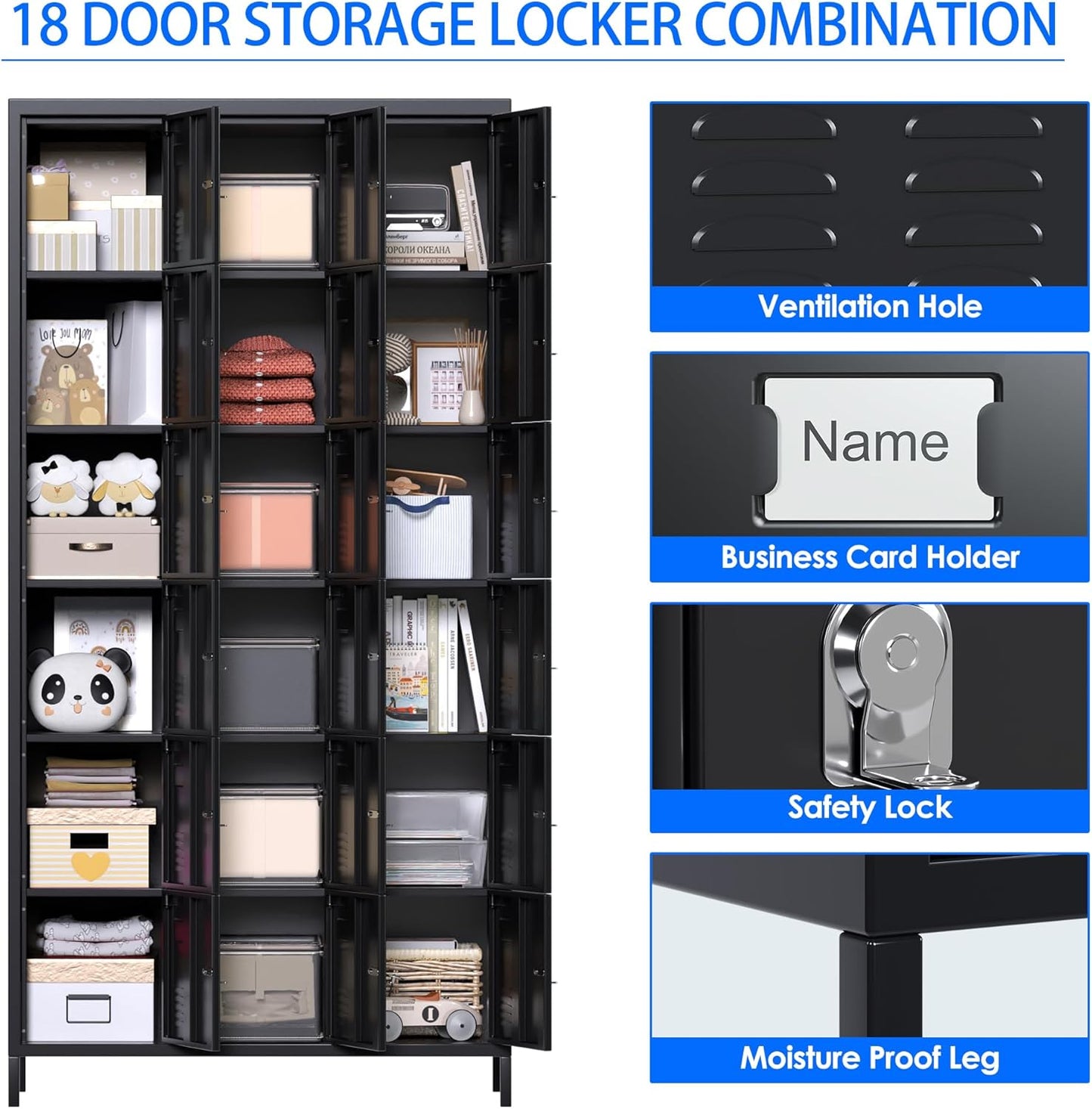 METAN Metal Locker For School Office Gym Bedroom, 18 Doors Black Steel Storage Locker Cabinet For Employees, Industrial Storage Locker, Assembly Required 18 Door-Black